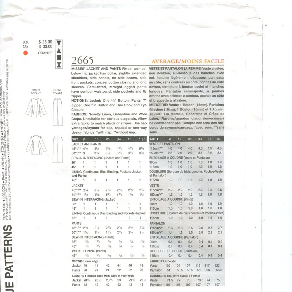 Donna Karan Vogue 2665 Sewing Pattern For Misses Jacket & Pants Sizes 14-16-18 - Picture 6 of 8